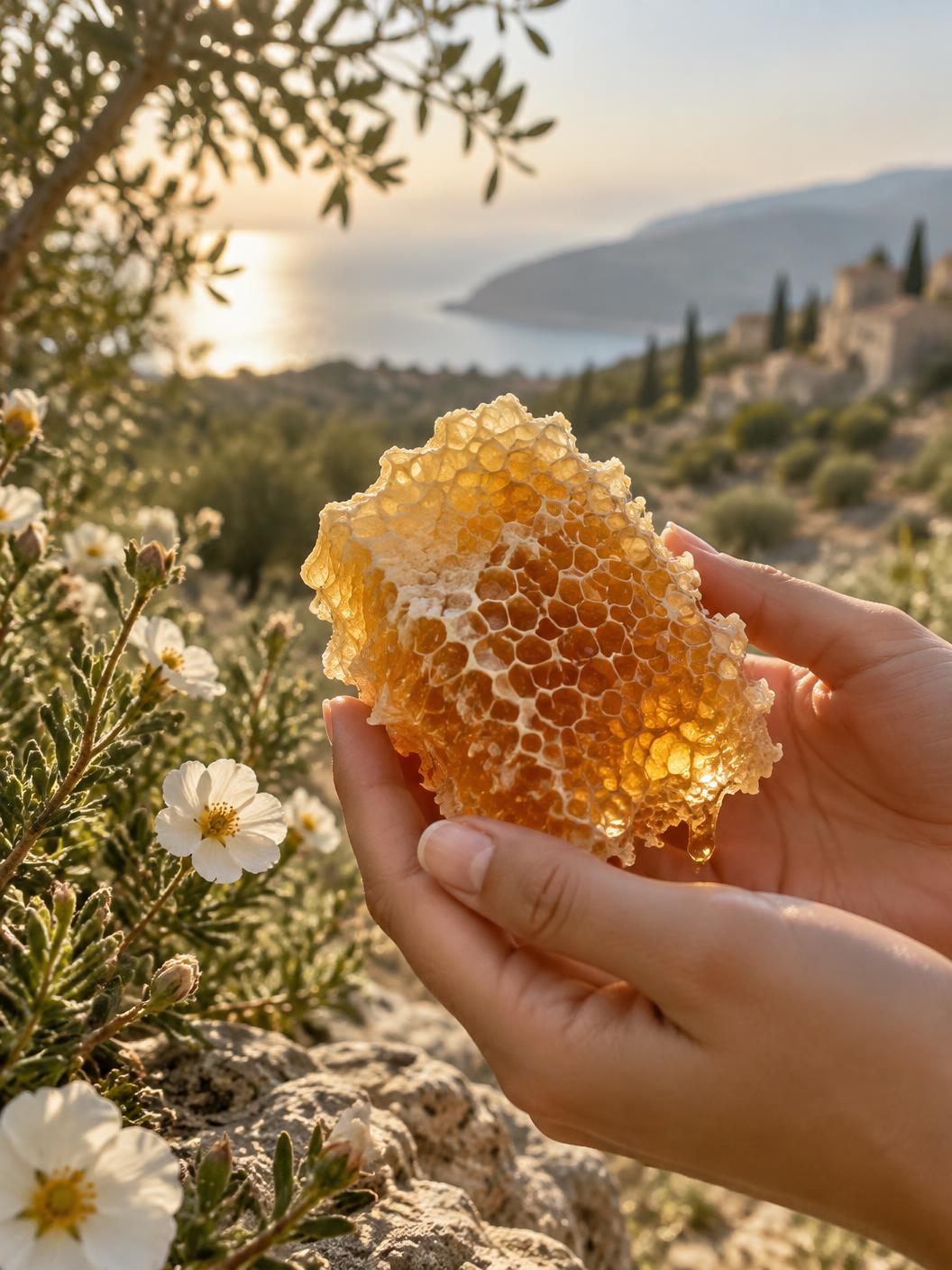 Hands holding sunlit honeycomb among wildflowers