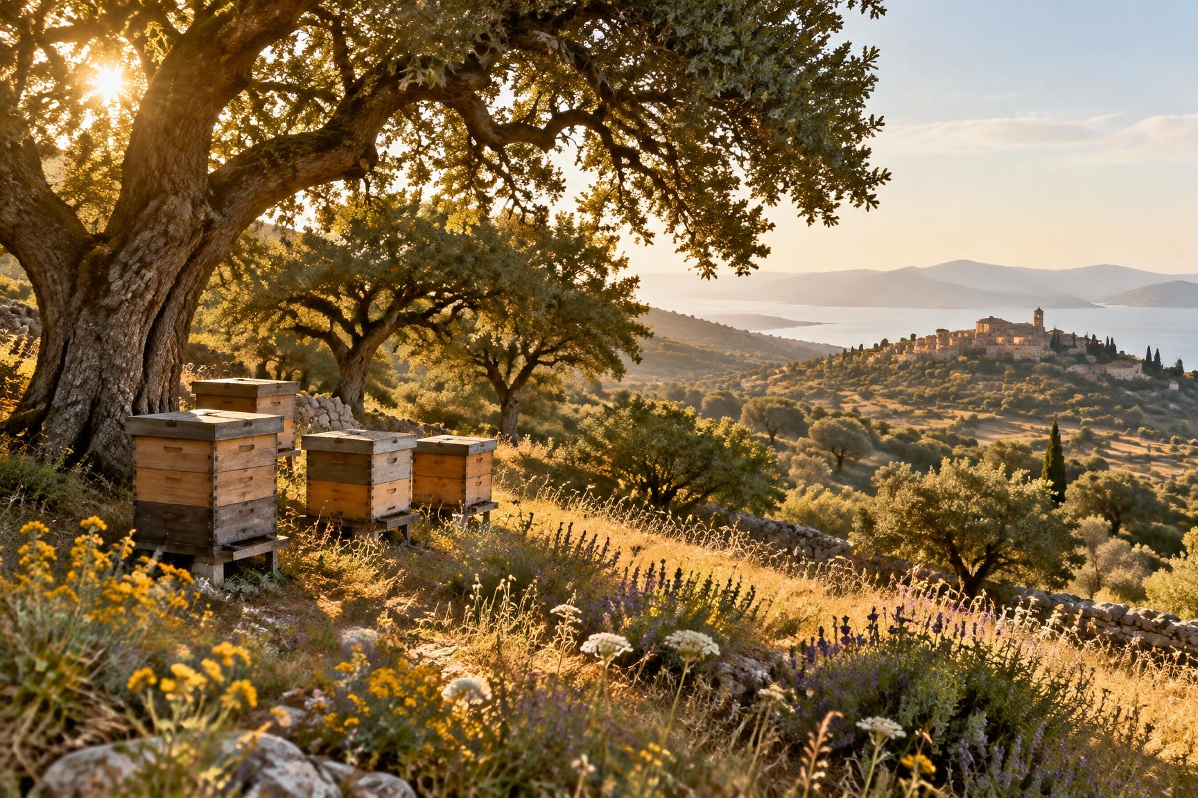 Ancient oak trees shading wooden beehives on a golden mountainside