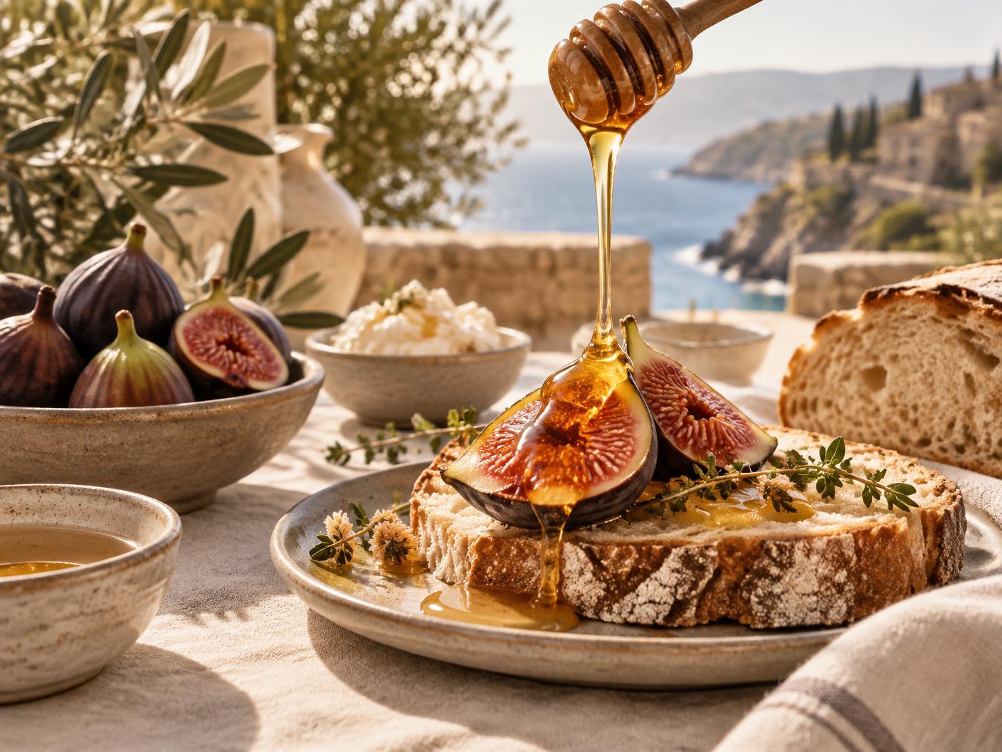 Honey drizzled over figs and rustic bread by the Mediterranean